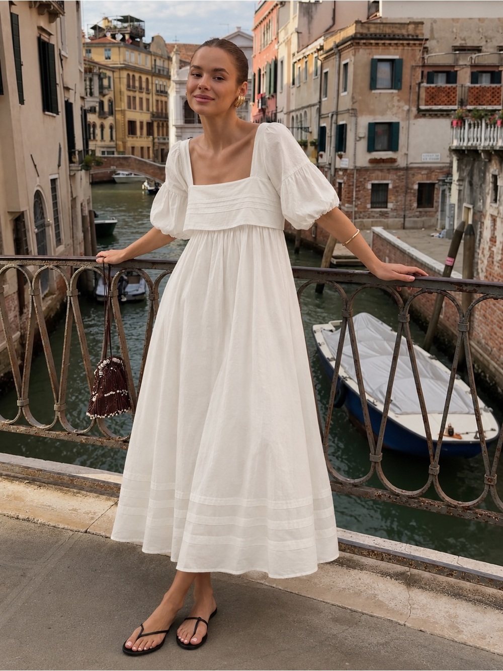 STAUD Darla Dress Ivory White Cotton Voile Puff Sleeve Midi NWT Size 8